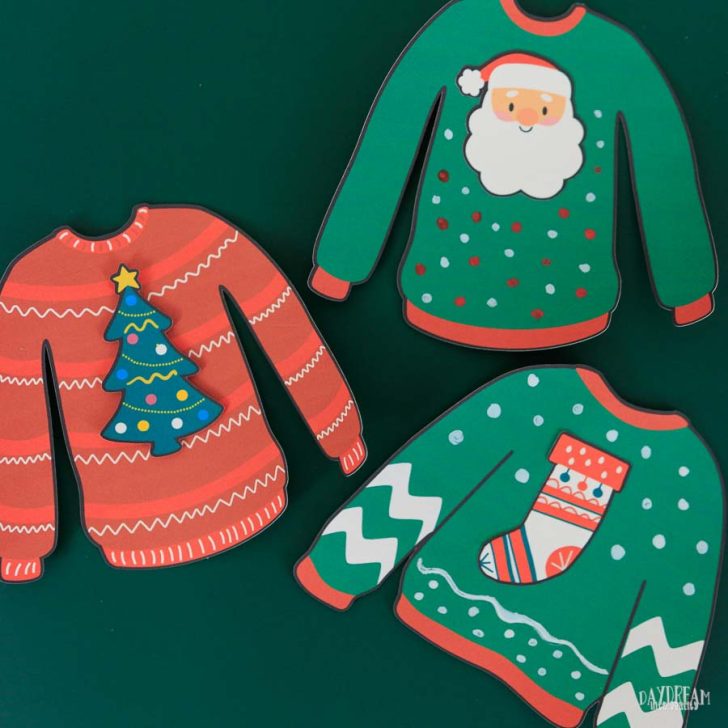ugly sweater with Christmas tree, Santa, and Stocking