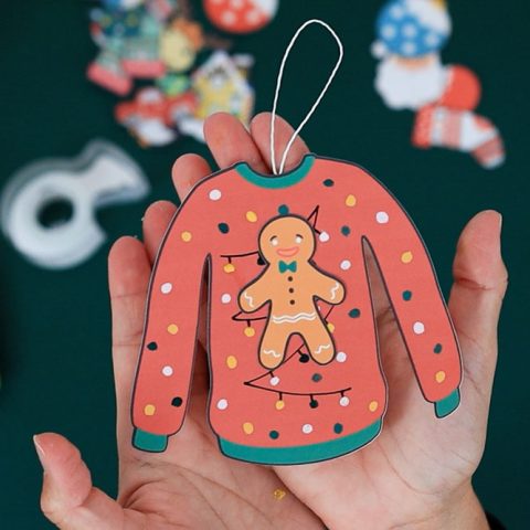 Paper ugly sweater craft made into ornament