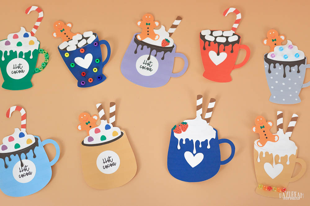 different mug colors and ways to assemble paper hot cocoa craft.