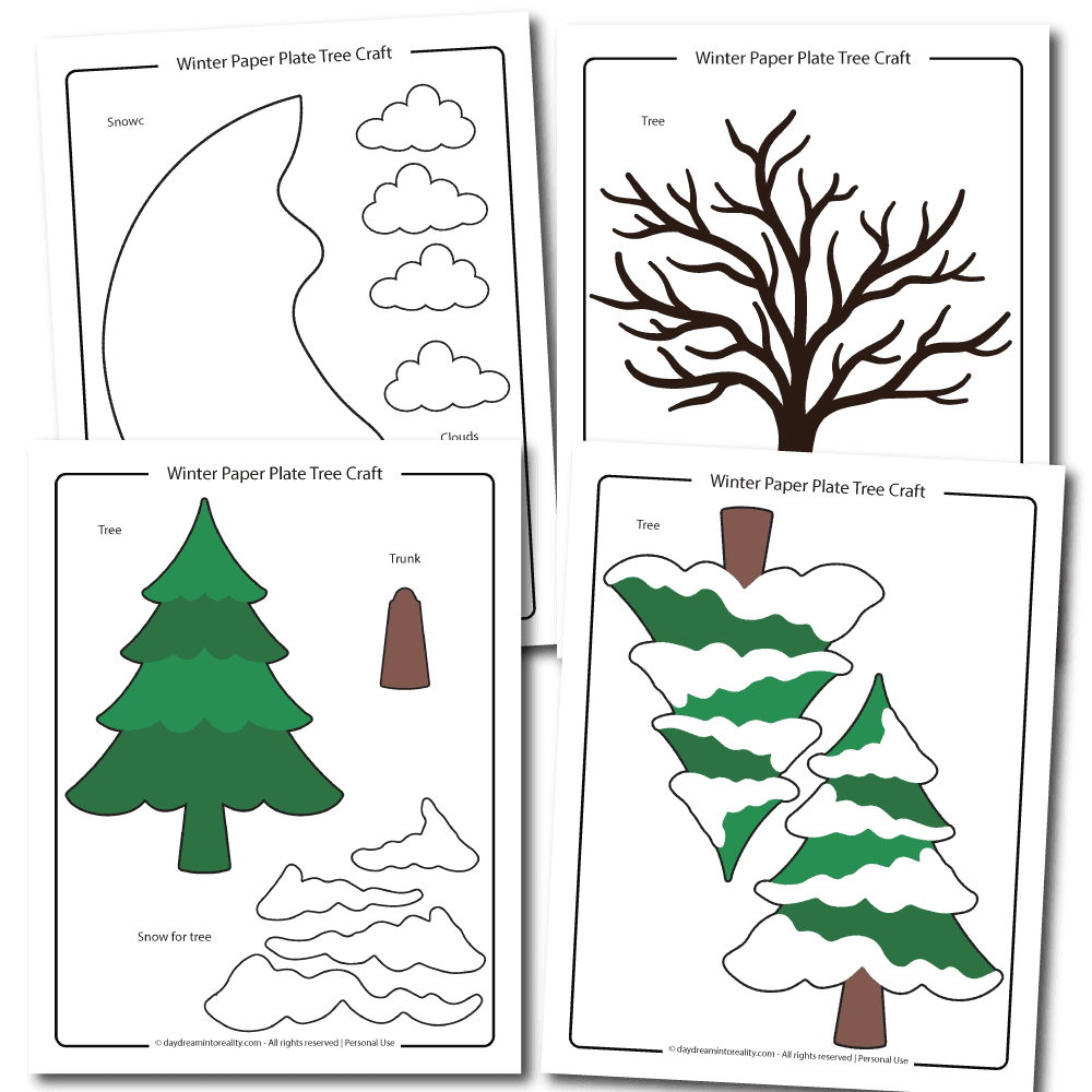 paper plate winter tree craft template in color