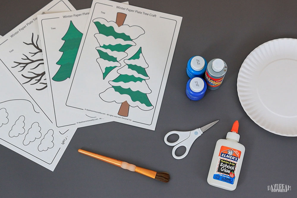 materials for making a winter tree craft out of paper plates