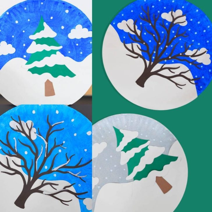 featured image paper plate winter tree scene. Evergreen and tree with no leaves. 1:1 ratio