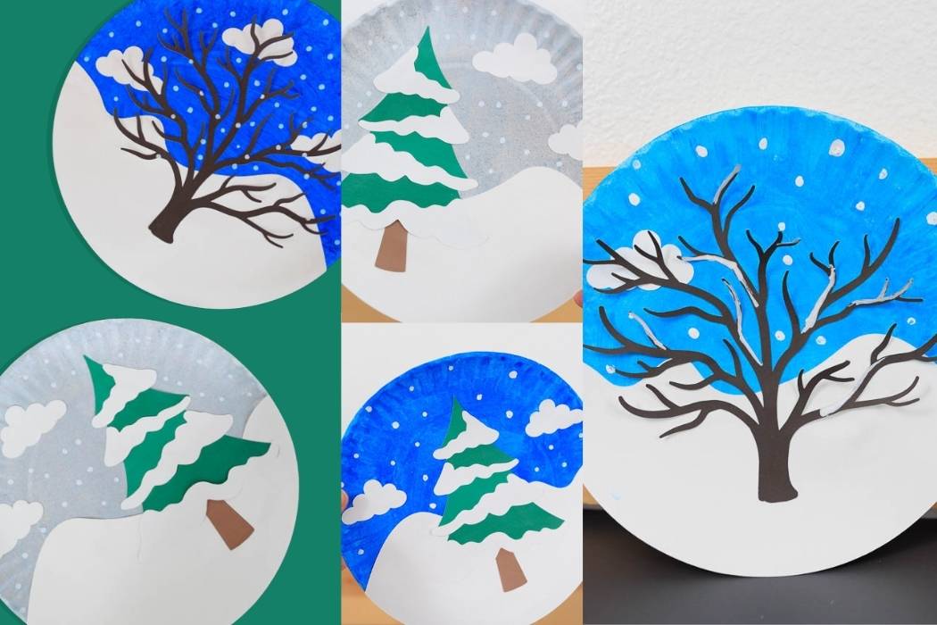 featured image paper plate winter tree scene. Evergreen and tree with no leaves.