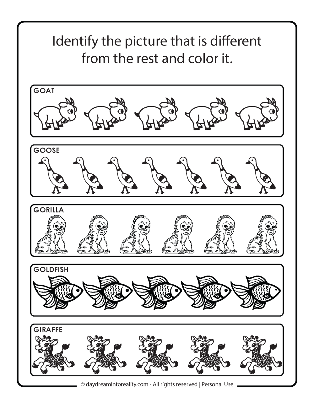 Letter G - Identify the different illustration (all words start with g).