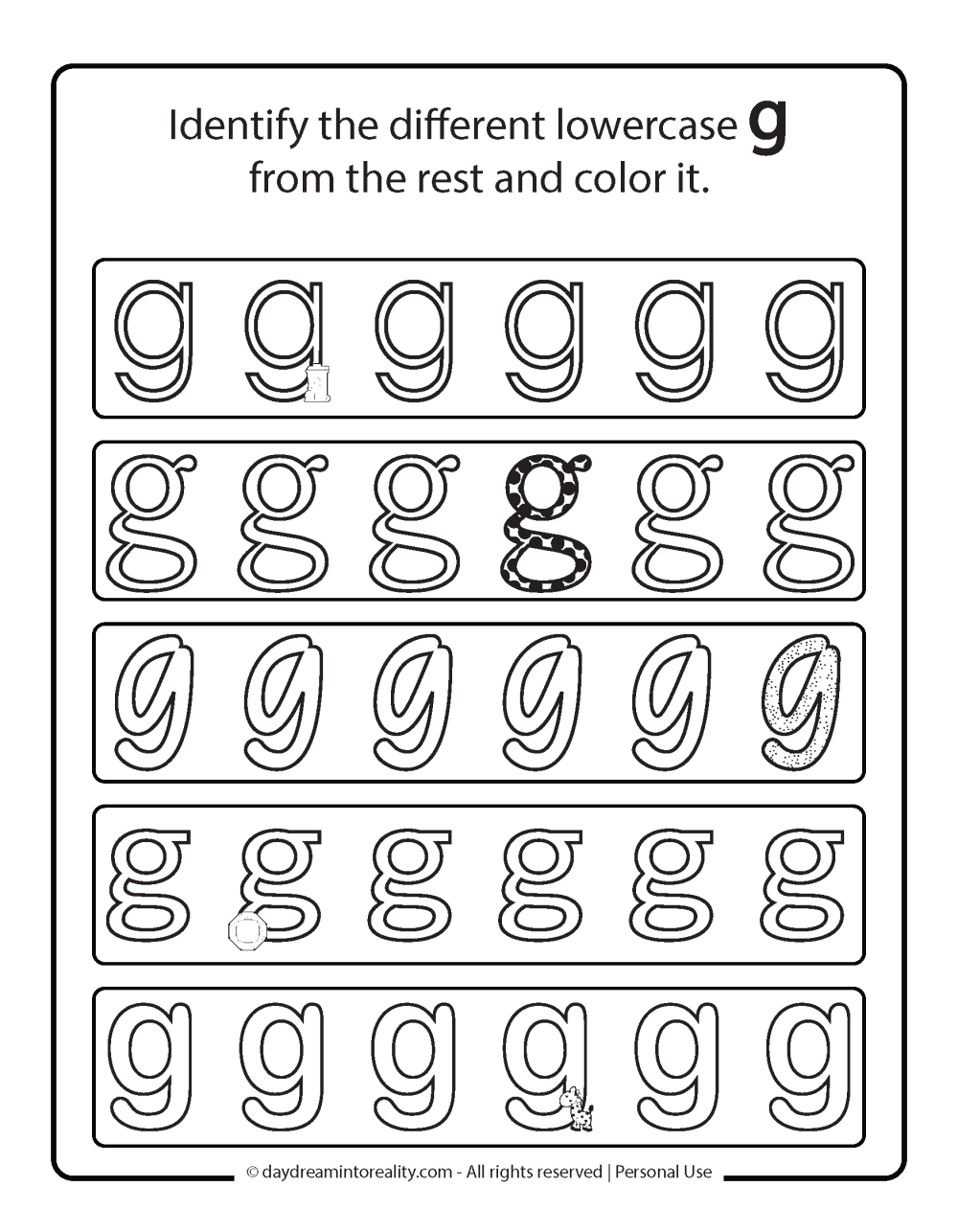 Letter G - Identify the different lowercase g.