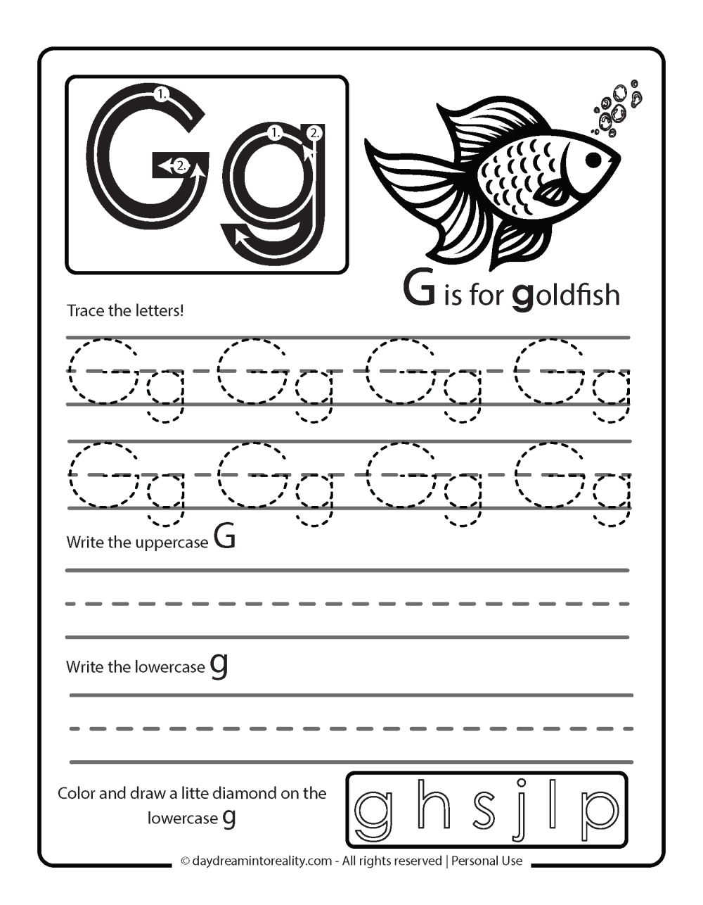 Letter G tracing practice sheet - G is for goldfish.