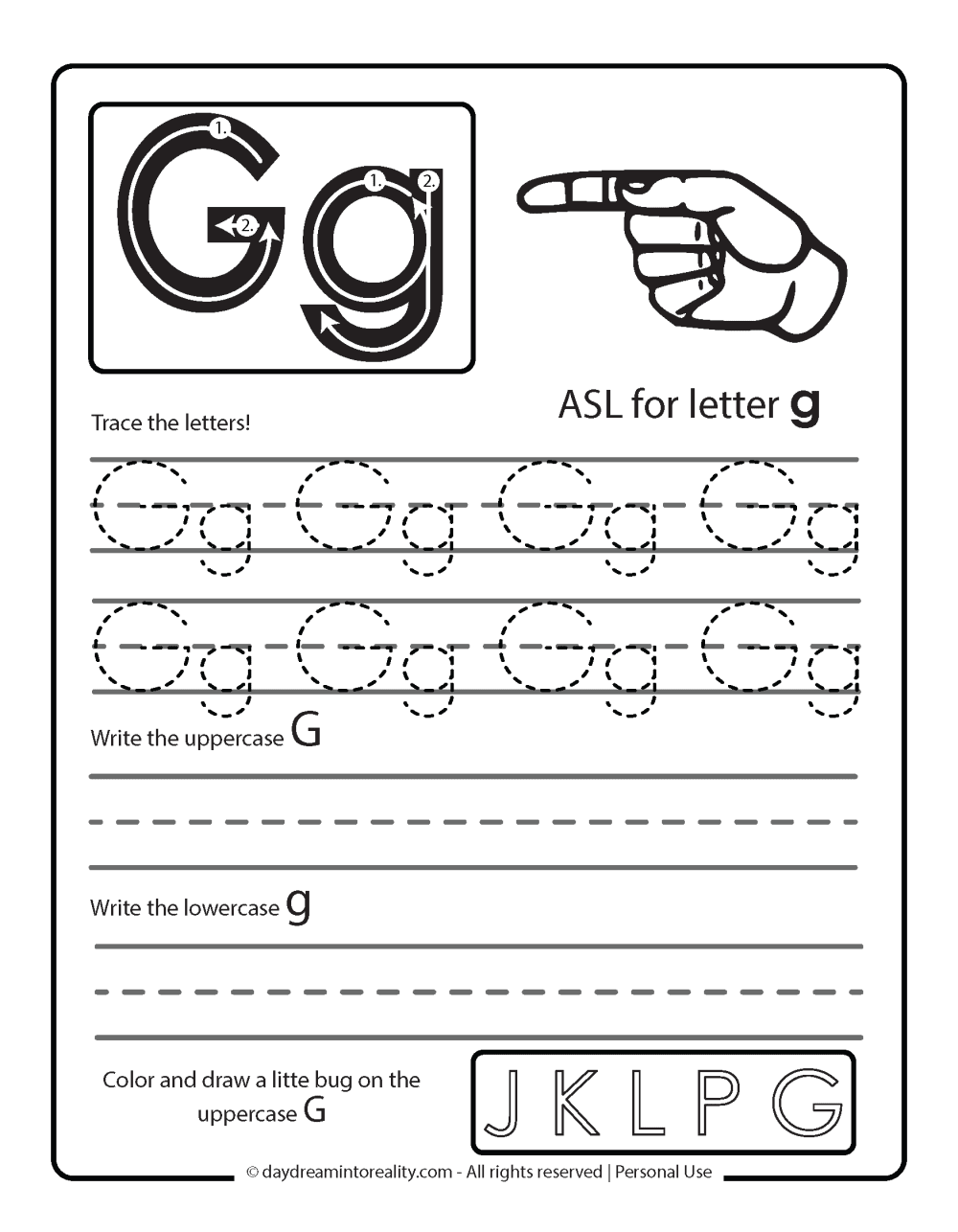 Letter G tracing practice sheet and ASL for letter g