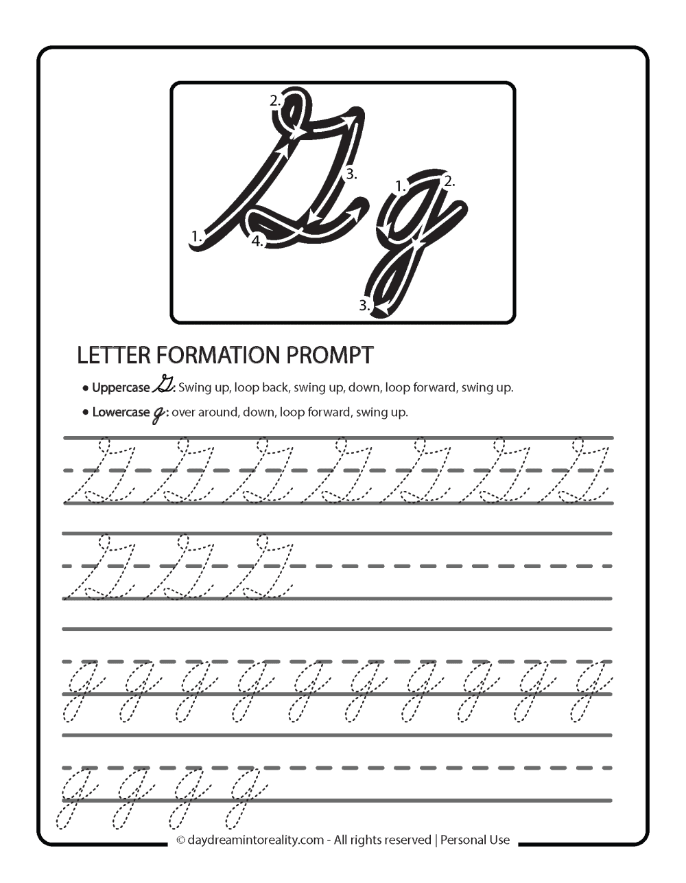 Letter G - letter g tracing practice sheet in cursive and letter formation prompts.