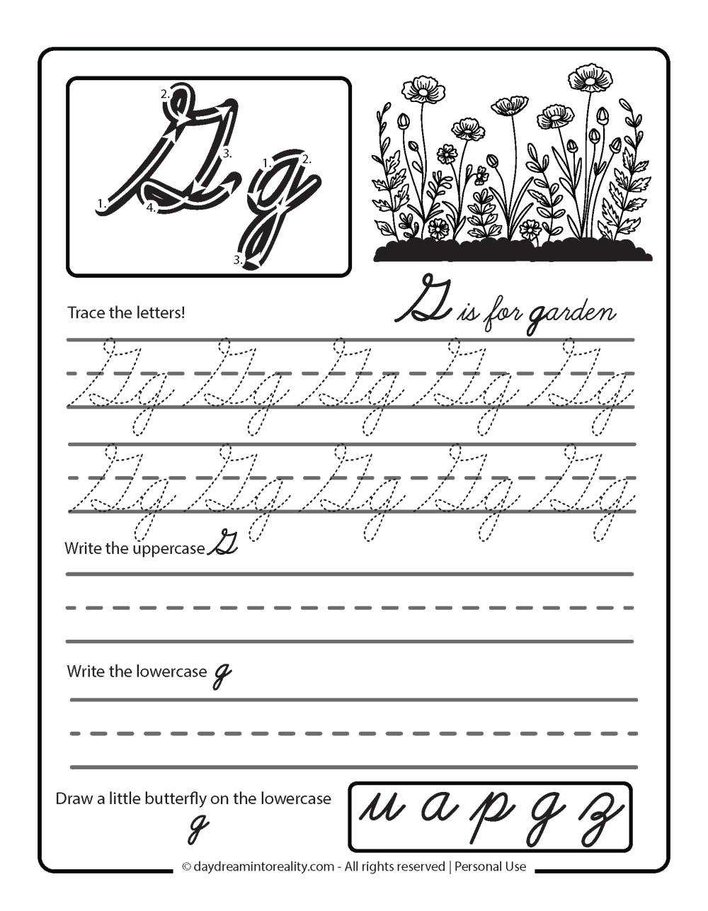 Letter G - G is for garden and letter g tracing practice sheet in cursive.