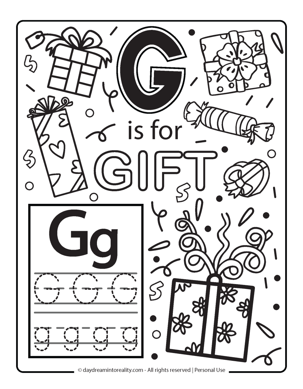 Letter G - G is for gift coloring page.