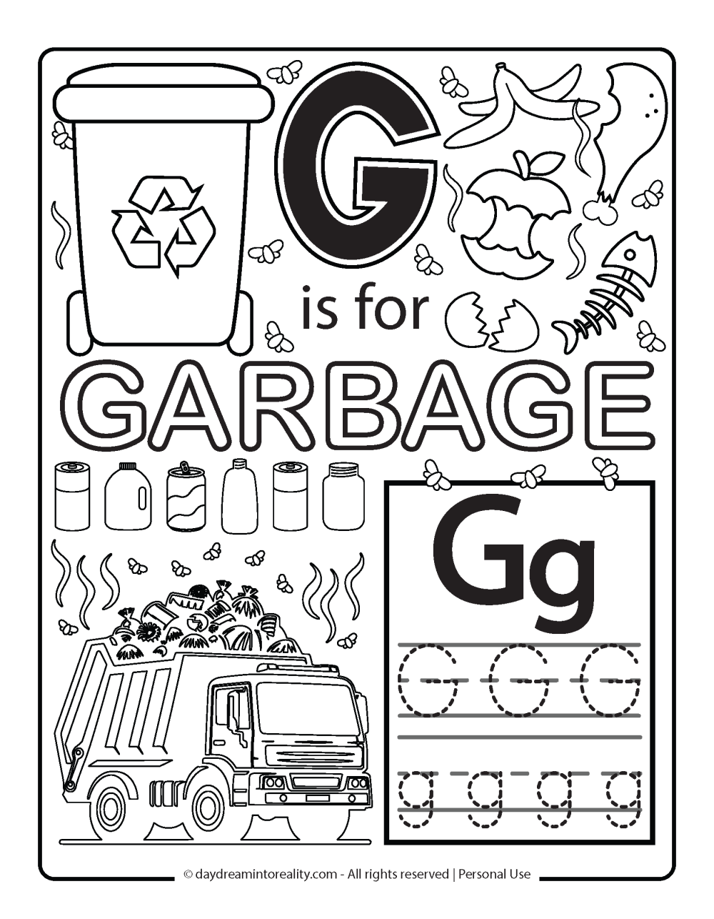 Letter G - G is for garbage coloring page.