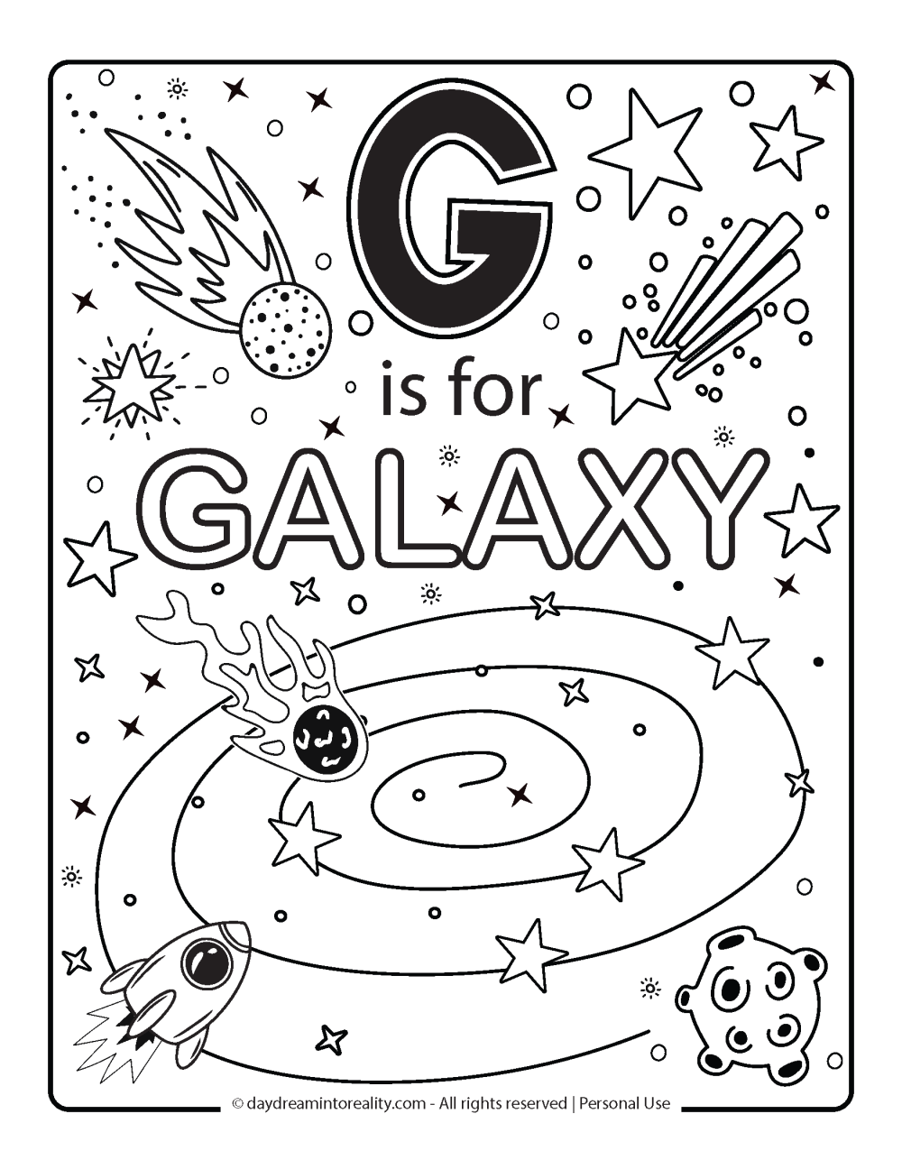 Letter G - G is for galaxy coloring page.