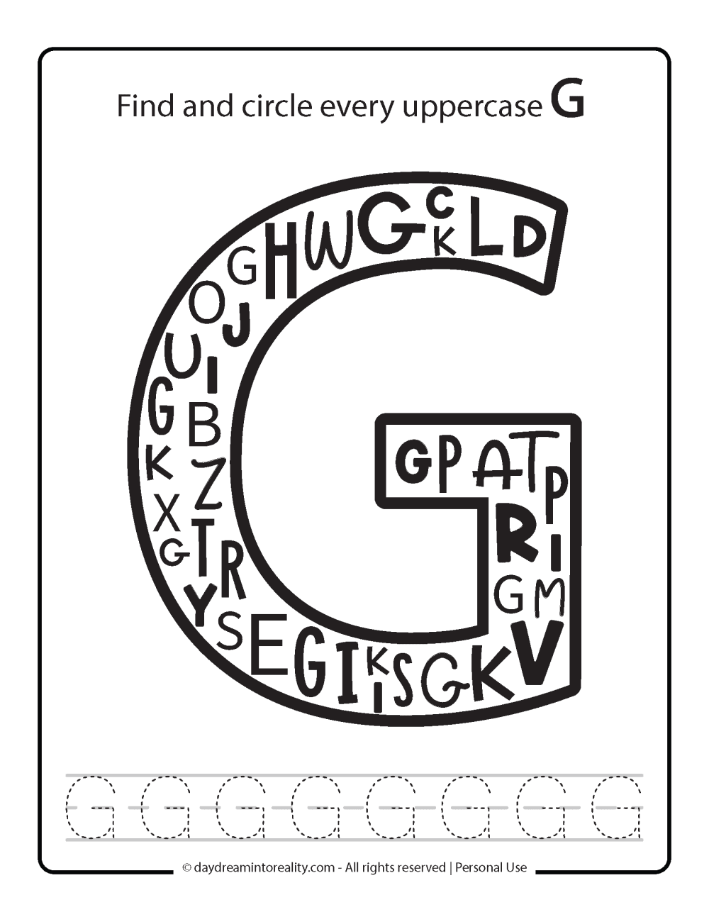 Find and circle every uppercase G with some letter tracing.