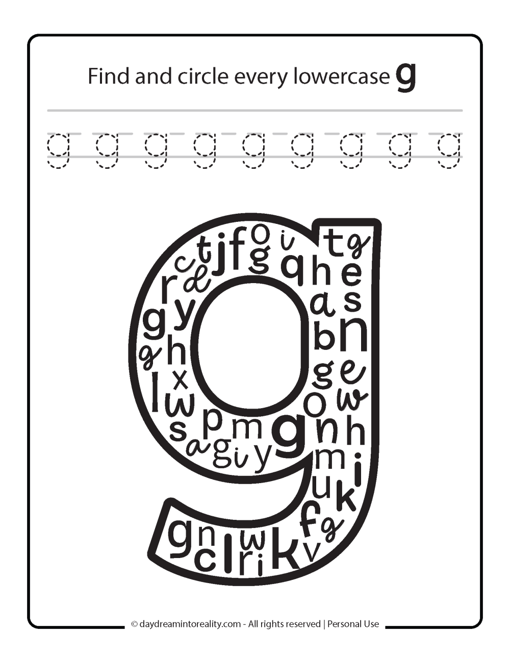 Find and circle every lowercase g with some letter tracing practice.