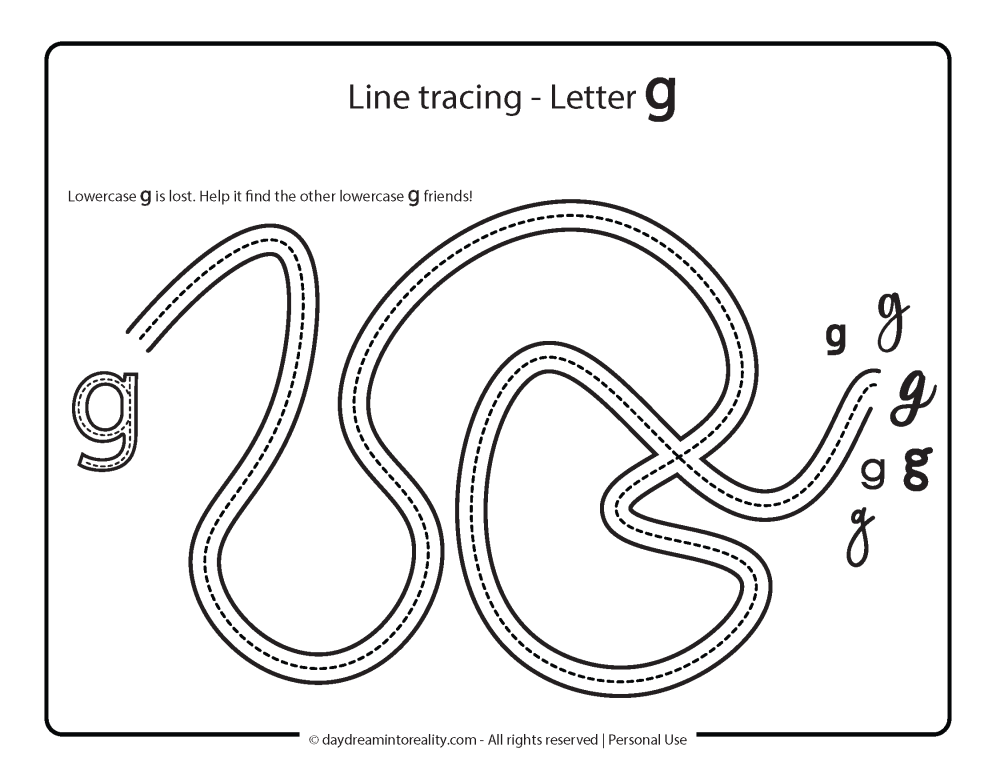 Letter G - Line tracing practice worksheet free printable 5.