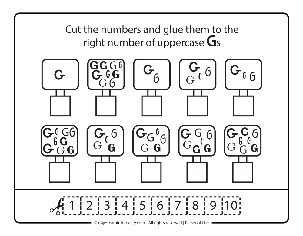 Uppercase G - Cut and Paste with number recognition activity