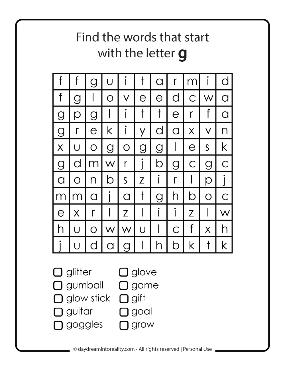 Letter G Word Search 2