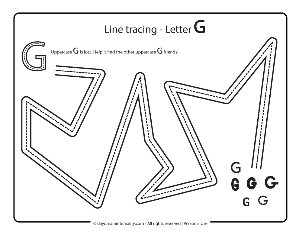 Letter G - Line tracing practice worksheet free printable 4.