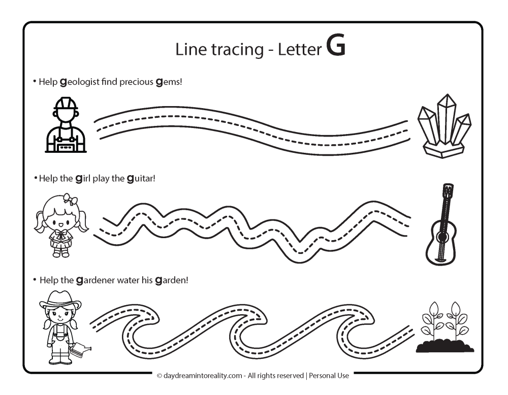 Letter G - Line tracing practice worksheet free printable 2.