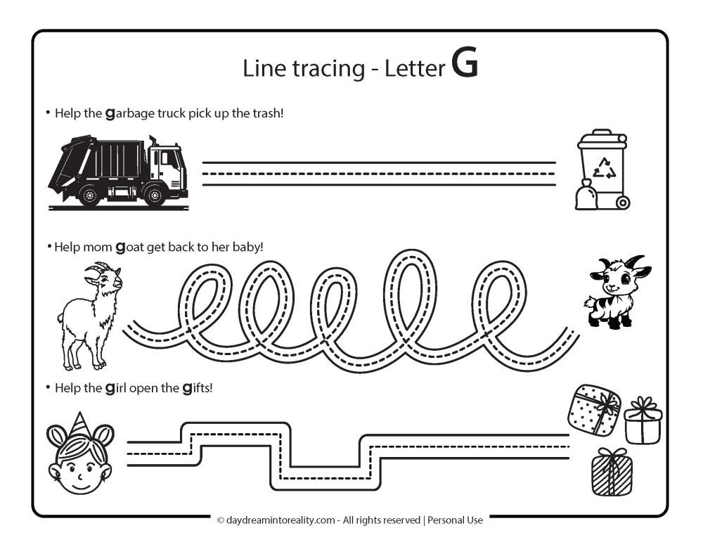 Letter G - Line tracing practice worksheet free printable 1.