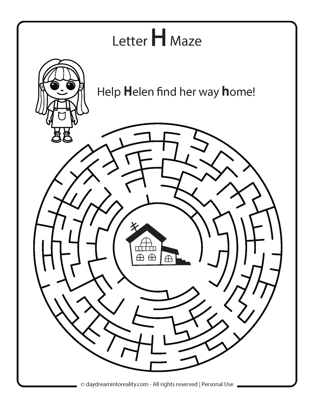 Letter H Free PDF Printable - house maze