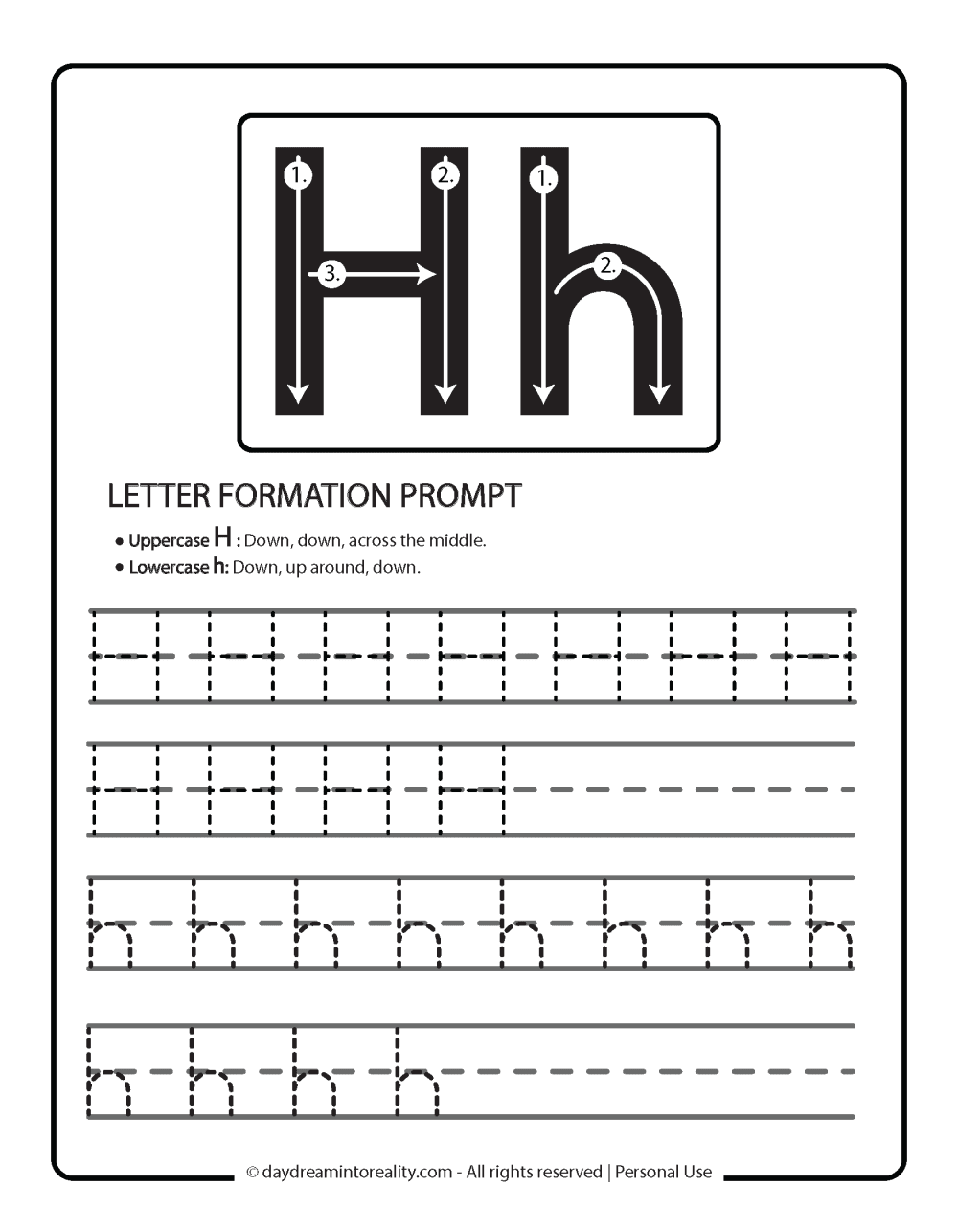 Letter H Free PDF Printable - letter tracing and prompt