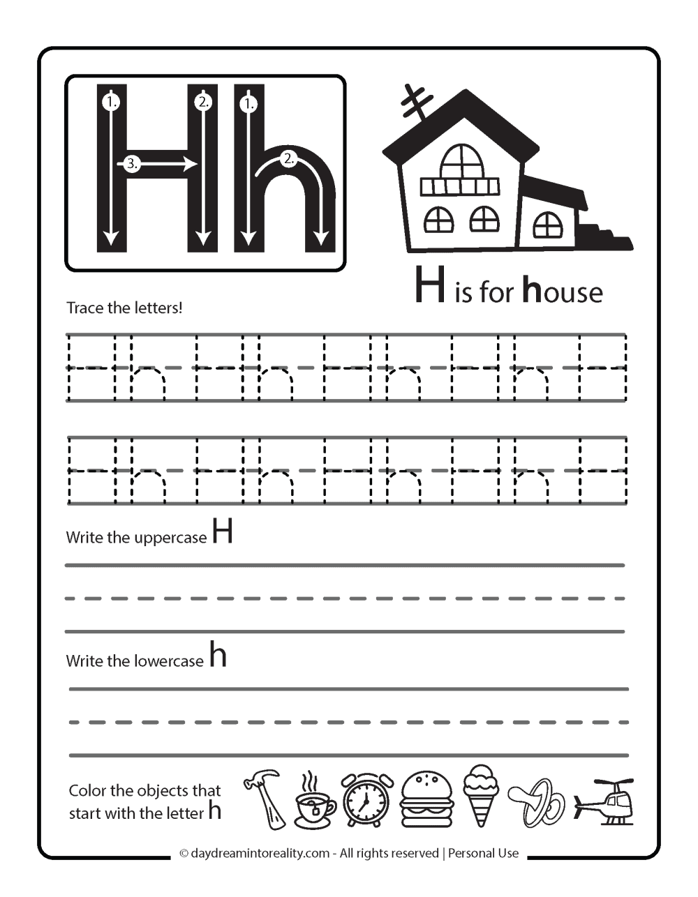 Letter H Free PDF Printable - letter tracing - h is for house