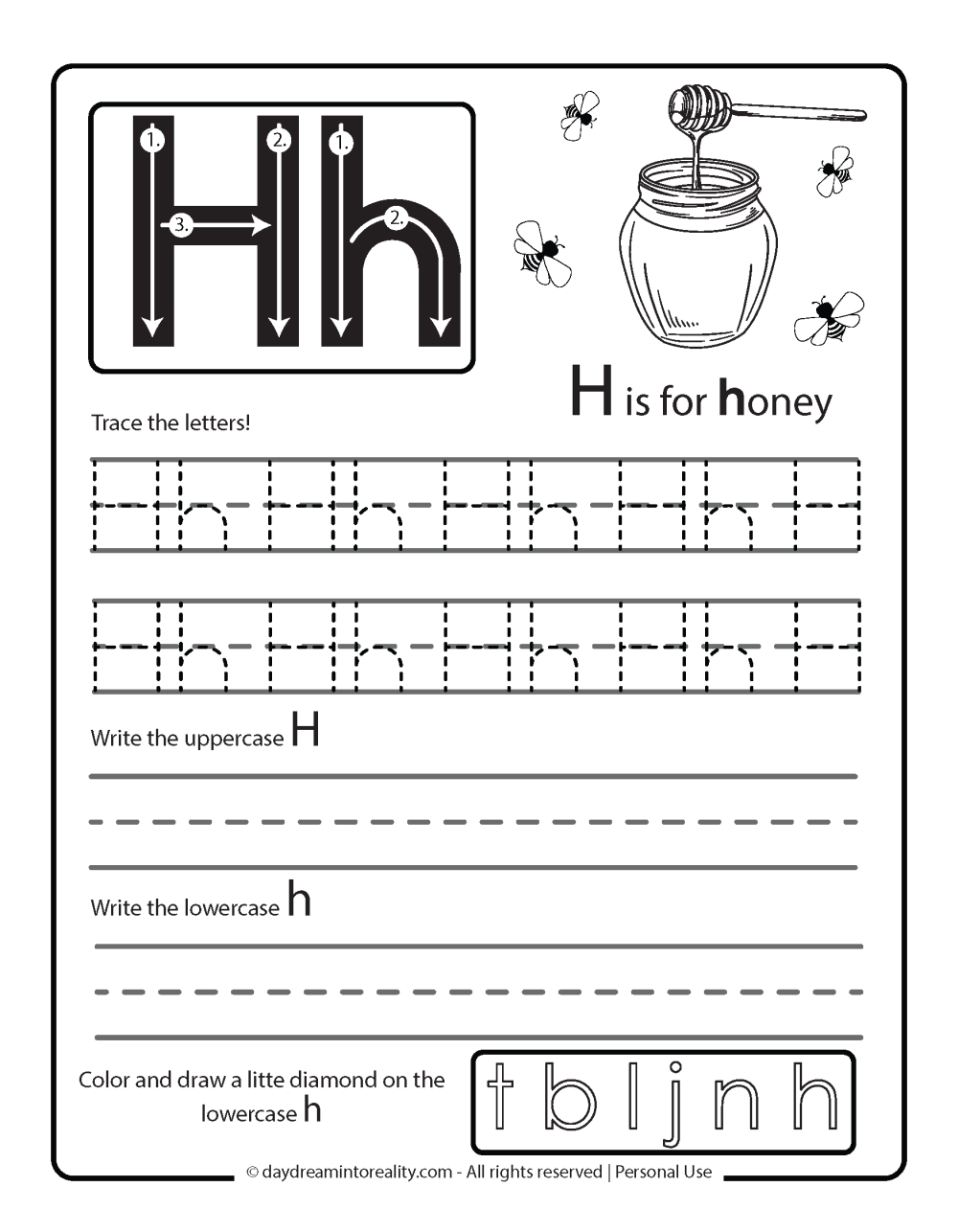 Letter H Free PDF Printable - letter tracing - h is for honey