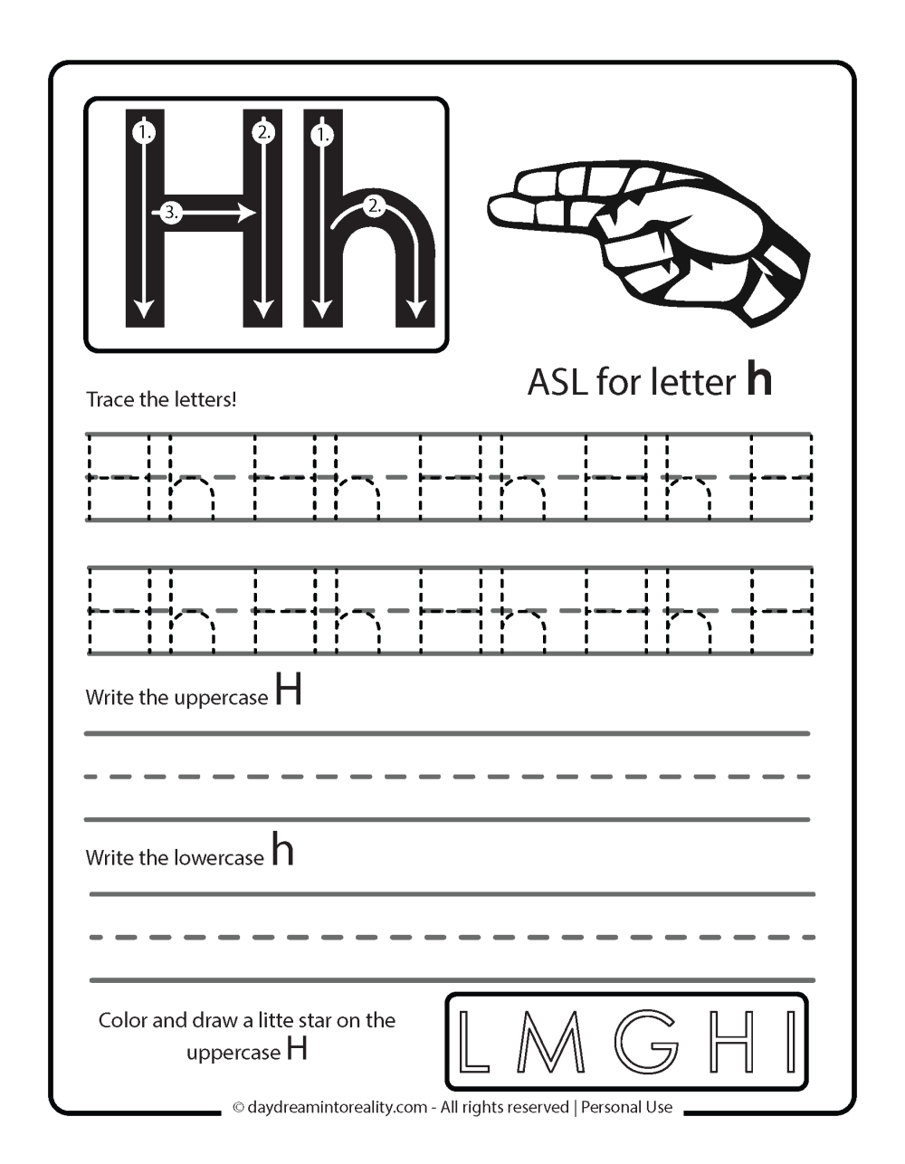 Letter H Free PDF Printable - letter tracing - ASL