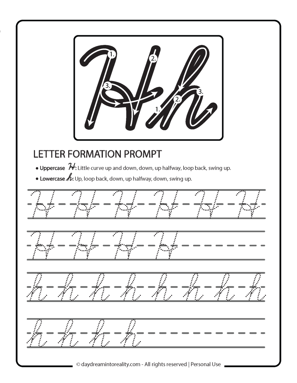 Letter H Free PDF Printable - cursive letter tracing and writing prompt.