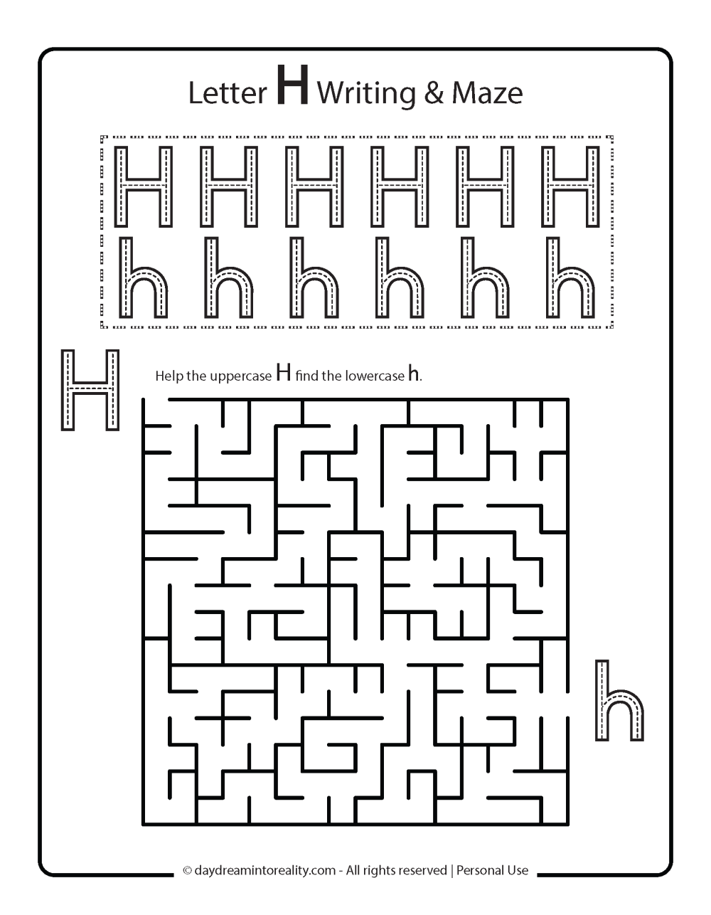 Letter H Free PDF Printable - line tracing and maze