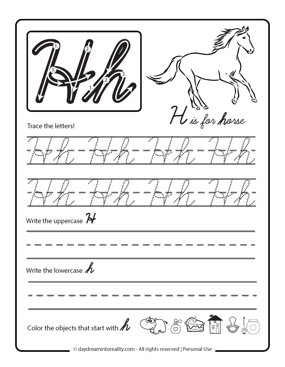 Letter H Free PDF Printable - cursive letter tracing - h is for horse