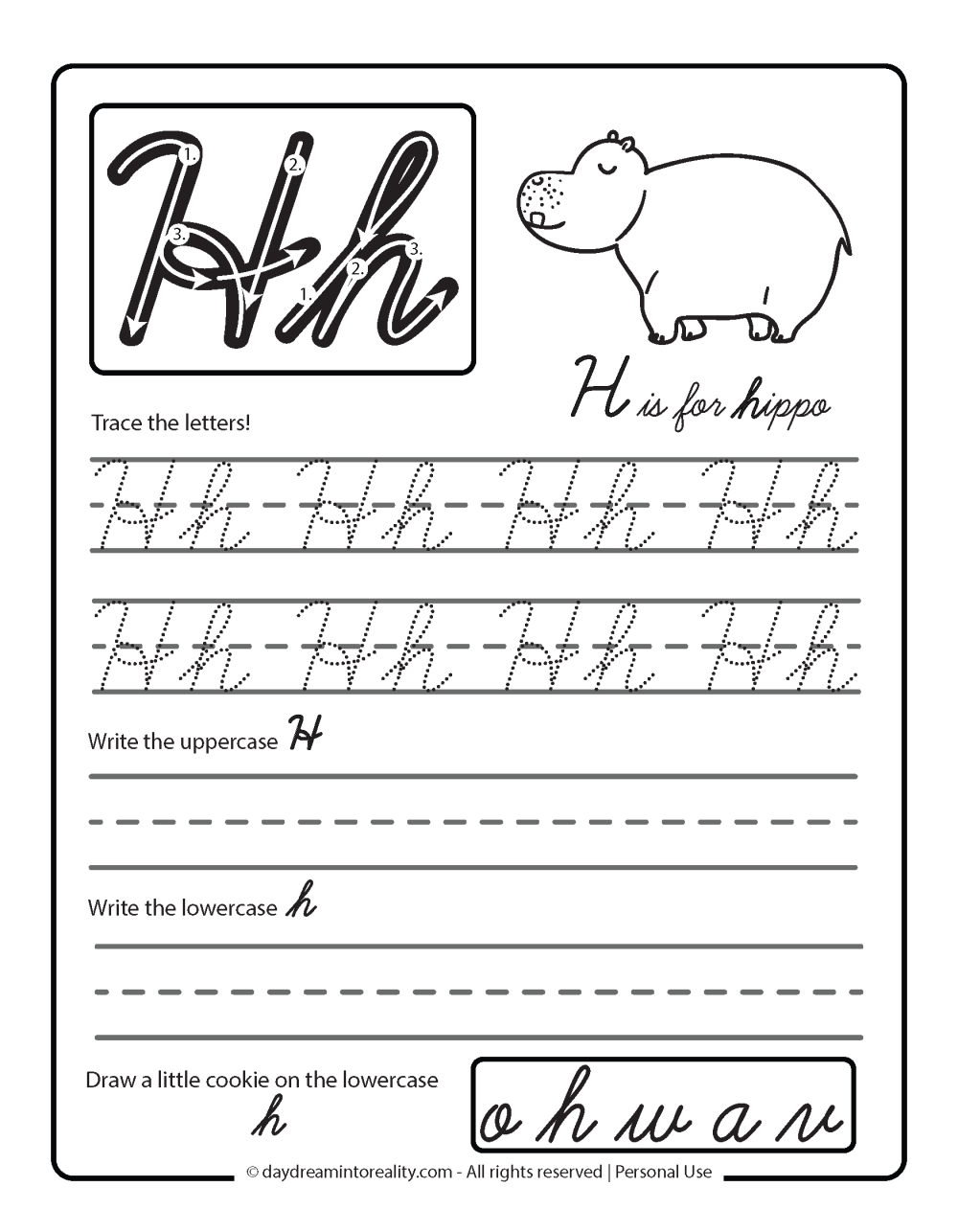 Letter H Free PDF Printable - cursive letter tracing - h is for hippo