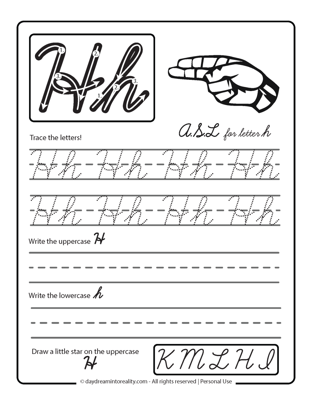 Letter H Free PDF Printable - cursive letter tracing - ASL