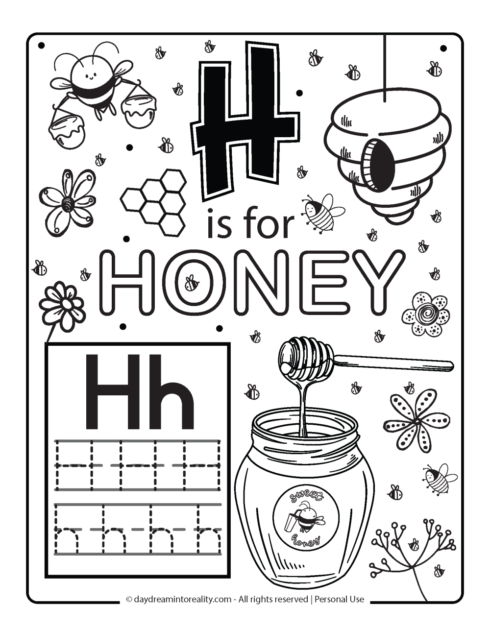 Letter H Free PDF Printable - h is for honey coloring page