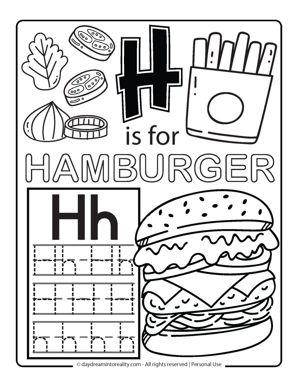 Letter H Free PDF Printable - h is for hamburger coloring page