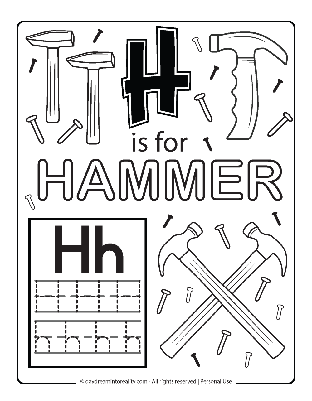 Letter H Free PDF Printable - h is for hammer coloring page