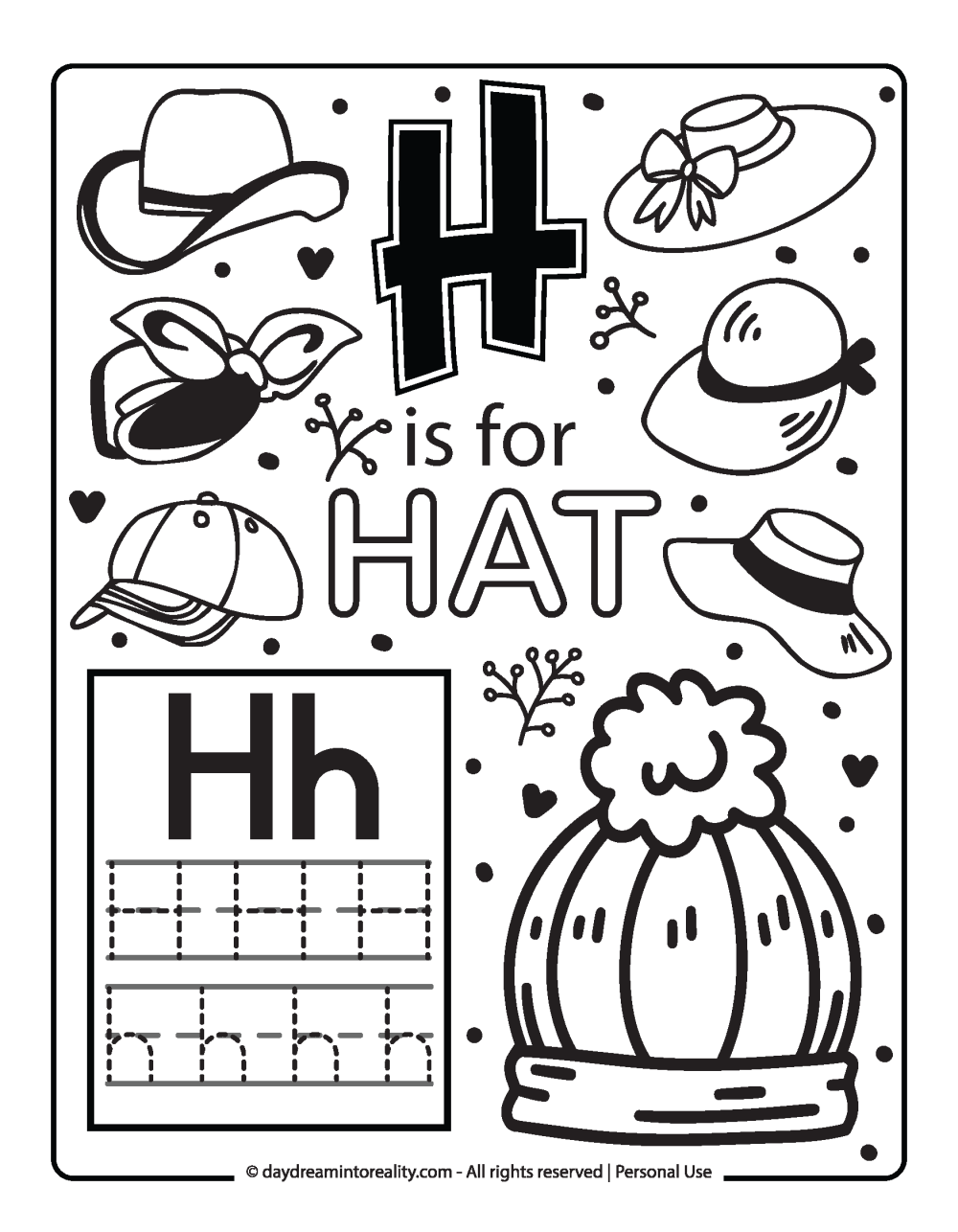 Letter H Free PDF Printable - h is for hat coloring page