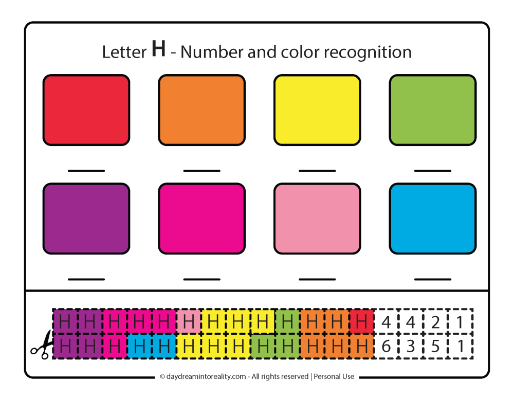 Letter H Free PDF Printable - color, number and cut an paster activity 3