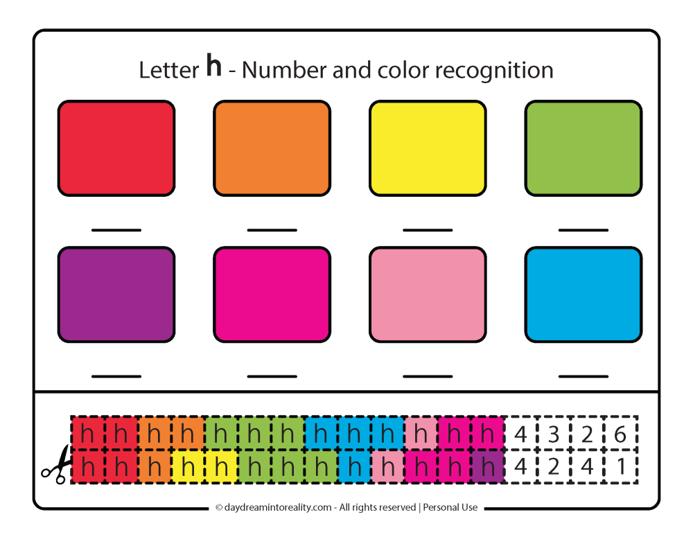 Letter H Free PDF Printable - color, number and cut an paster activity 2