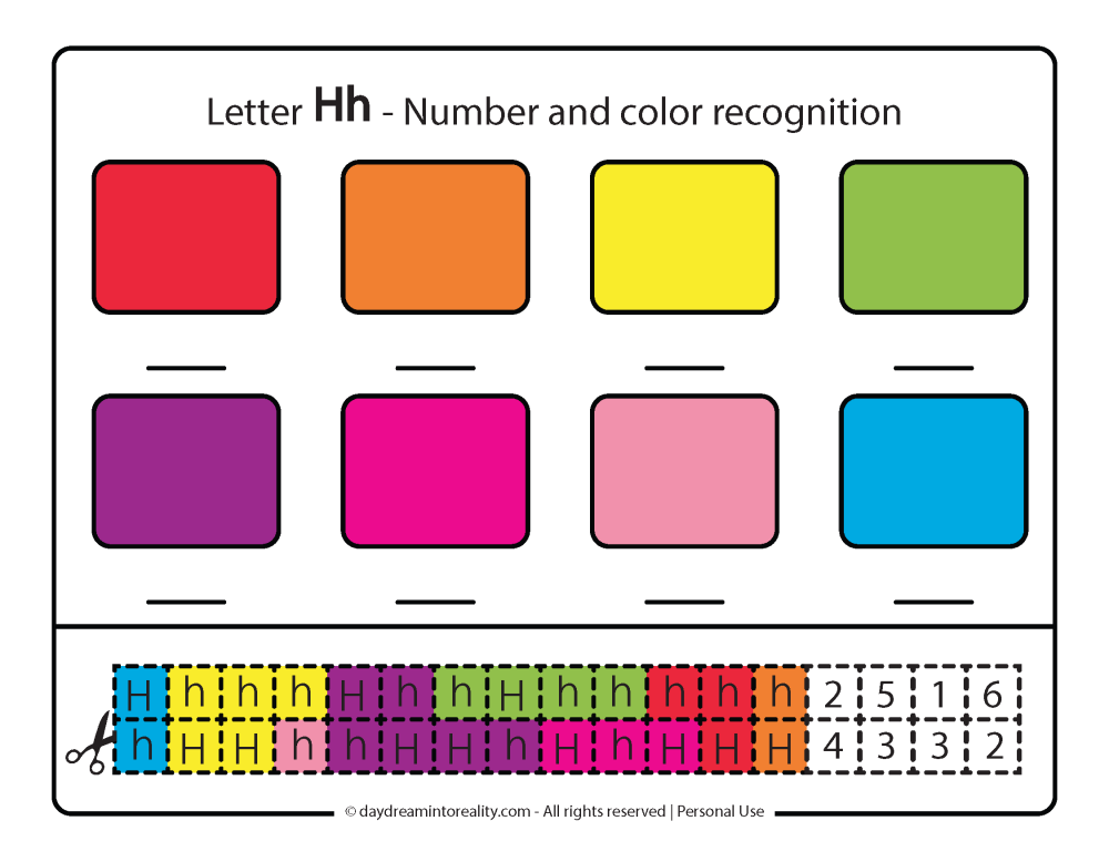 Letter H Free PDF Printable - color, number and cut an paster activity 1