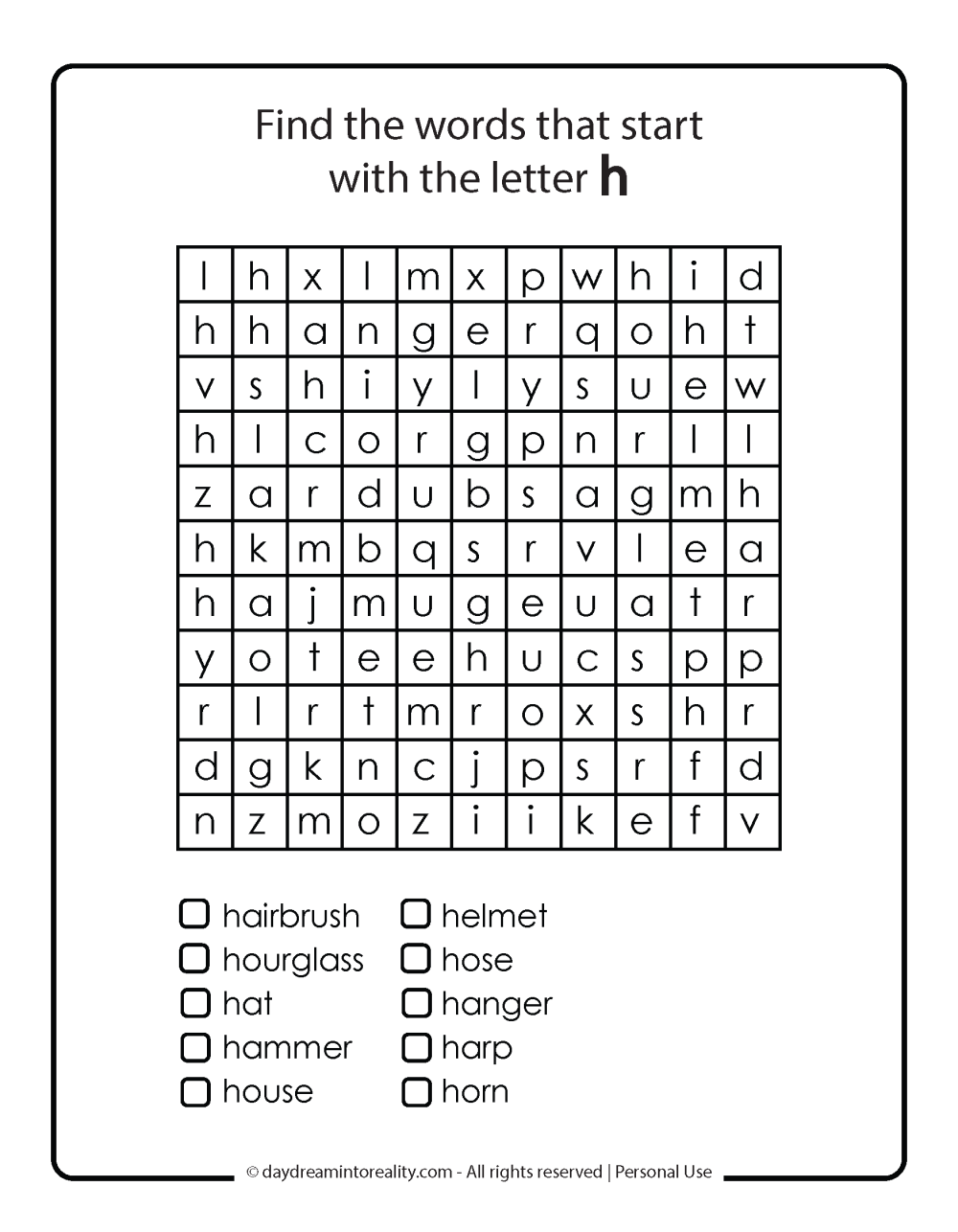 Letter H Free PDF Printable - word search 3