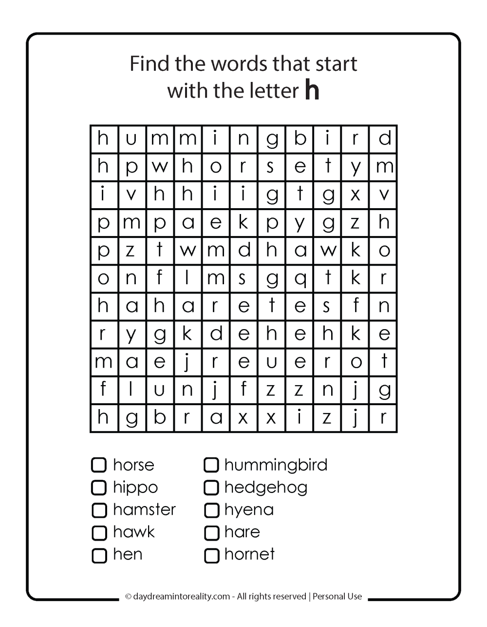 Letter H Free PDF Printable - word search 2