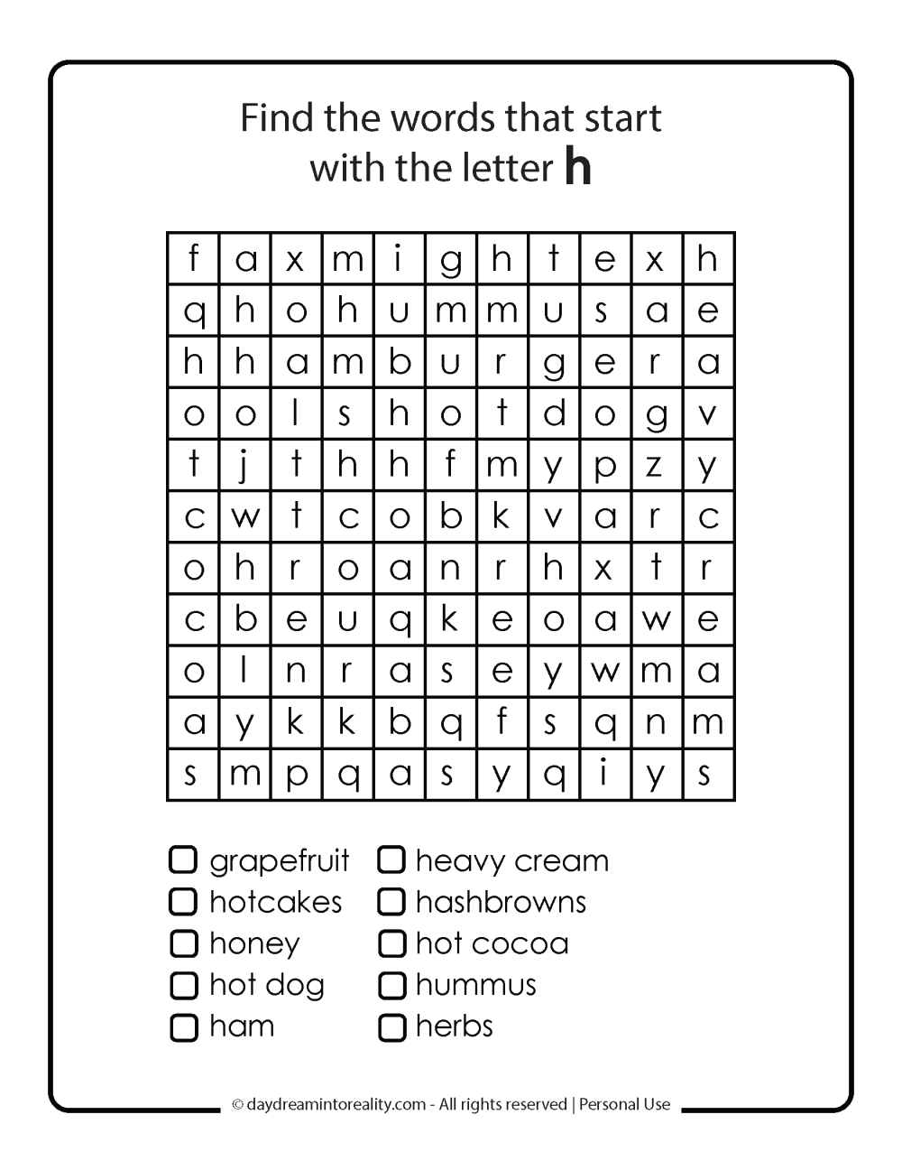 Letter H Free PDF Printable - word search 1